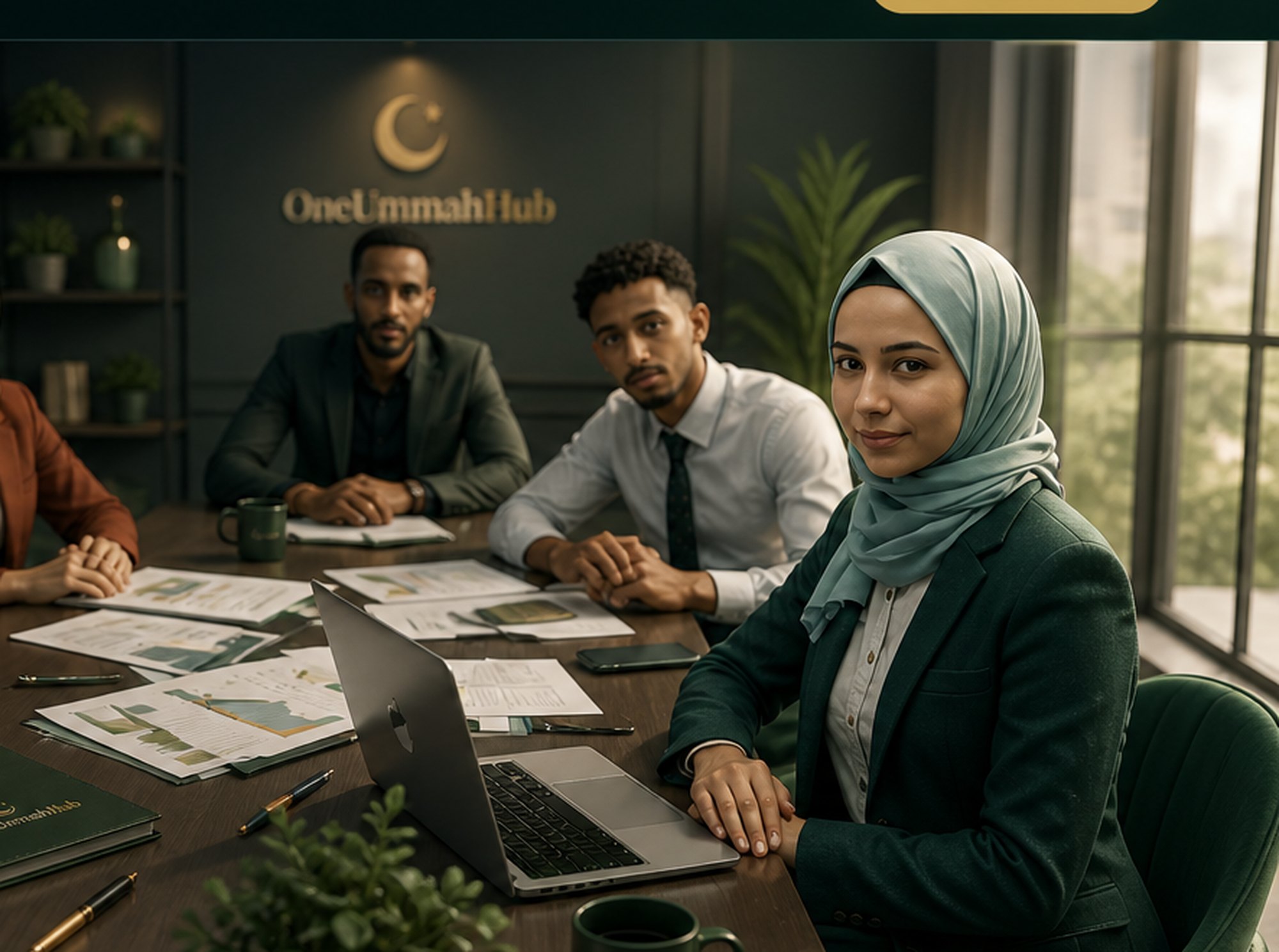 OneUmmahHub community gathering — brothers at a workspace meeting with sisters in green and orange hijabs, OneUmmahHub wall logo visible